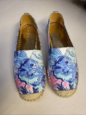 Lilly Pulitzer Blue Floral Canvas Espadrille Flats with Pink & Mint Accents